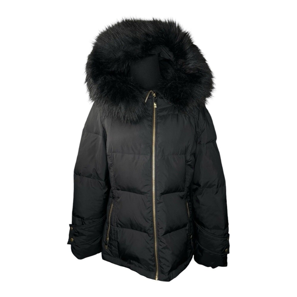 CALVIN KLEIN Black Hooded Down Puffer Coat Jacket Faux Fur Trimmed Size M? READ